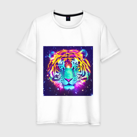 Мужская футболка хлопок с принтом Светящаяся голова тигра в Екатеринбурге, 100% хлопок | прямой крой, круглый вырез горловины, длина до линии бедер, слегка спущенное плечо. | 