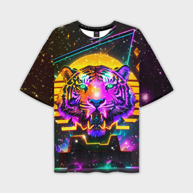 Мужская футболка oversize 3D с принтом Неоновая светящаяся голова тигра и звезды ,  |  | Тематика изображения на принте: 
