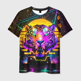 Мужская футболка 3D с принтом Неоновая светящаяся голова тигра и звезды , 100% полиэфир | прямой крой, круглый вырез горловины, длина до линии бедер | Тематика изображения на принте: 