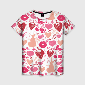 Женская футболка 3D с принтом Клубничная любовь в Тюмени, 100% полиэфир ( синтетическое хлопкоподобное полотно) | прямой крой, круглый вырез горловины, длина до линии бедер | 