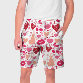 Мужские шорты 3D с принтом Клубничная любовь в Тюмени,  полиэстер 100% | прямой крой, два кармана без застежек по бокам. Мягкая трикотажная резинка на поясе, внутри которой широкие завязки. Длина чуть выше колен | Тематика изображения на принте: 