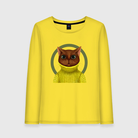 Женский лонгслив хлопок с принтом Кошка в желтом в Тюмени, 100% хлопок |  | 