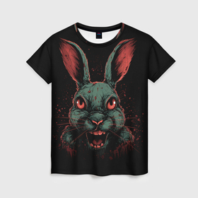 Женская футболка 3D с принтом Злой кролик в темноте в Тюмени, 100% полиэфир ( синтетическое хлопкоподобное полотно) | прямой крой, круглый вырез горловины, длина до линии бедер | 