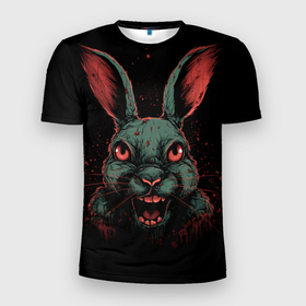 Мужская футболка 3D Slim с принтом Злой кролик в темноте в Екатеринбурге, 100% полиэстер с улучшенными характеристиками | приталенный силуэт, круглая горловина, широкие плечи, сужается к линии бедра | 