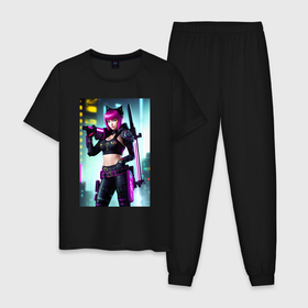 Мужская пижама хлопок с принтом Девчонка кошка   кибер самурай в Белгороде, 100% хлопок | брюки и футболка прямого кроя, без карманов, на брюках мягкая резинка на поясе и по низу штанин
 | 