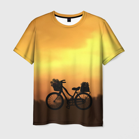 Мужская футболка 3D с принтом Велосипед на закате в Курске, 100% полиэфир | прямой крой, круглый вырез горловины, длина до линии бедер | 