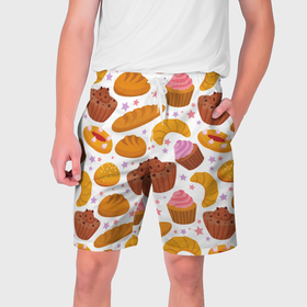 Мужские шорты 3D с принтом Хлебные вкусняшки в Тюмени,  полиэстер 100% | прямой крой, два кармана без застежек по бокам. Мягкая трикотажная резинка на поясе, внутри которой широкие завязки. Длина чуть выше колен | 