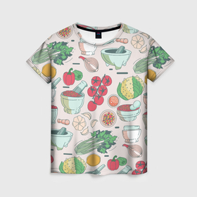 Женская футболка 3D с принтом Овощной рай в Тюмени, 100% полиэфир ( синтетическое хлопкоподобное полотно) | прямой крой, круглый вырез горловины, длина до линии бедер | 