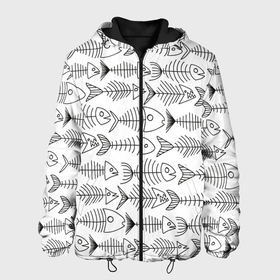 Мужская куртка 3D с принтом Рыбные скелетики в Новосибирске, ткань верха — 100% полиэстер, подклад — флис | прямой крой, подол и капюшон оформлены резинкой с фиксаторами, два кармана без застежек по бокам, один большой потайной карман на груди. Карман на груди застегивается на липучку | 