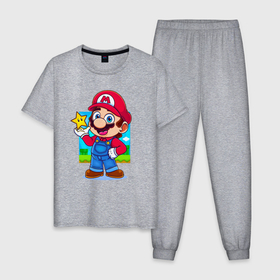 Мужская пижама хлопок с принтом The Super Mario Bros Марио и звездочка в Санкт-Петербурге, 100% хлопок | брюки и футболка прямого кроя, без карманов, на брюках мягкая резинка на поясе и по низу штанин
 | 