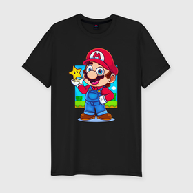 Мужская футболка хлопок Slim с принтом The Super Mario Bros Марио и звездочка в Курске, 92% хлопок, 8% лайкра | приталенный силуэт, круглый вырез ворота, длина до линии бедра, короткий рукав | 