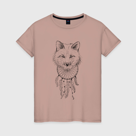 Женская футболка хлопок с принтом лиса и ловец снов в Тюмени, 100% хлопок | прямой крой, круглый вырез горловины, длина до линии бедер, слегка спущенное плечо | 
