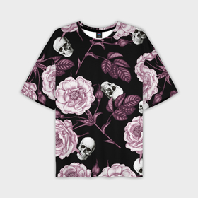 Мужская футболка oversize 3D с принтом Розовые цветы с черепами ,  |  | Тематика изображения на принте: 