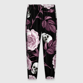 Мужские брюки 3D с принтом Розовые цветы с черепами в Белгороде, 100% полиэстер | манжеты по низу, эластичный пояс регулируется шнурком, по бокам два кармана без застежек, внутренняя часть кармана из мелкой сетки | Тематика изображения на принте: 