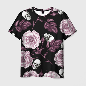 Мужская футболка 3D с принтом Розовые цветы с черепами в Белгороде, 100% полиэфир | прямой крой, круглый вырез горловины, длина до линии бедер | Тематика изображения на принте: 