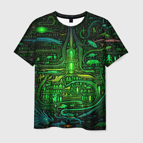Мужская футболка 3D с принтом Психоделика в зеленом    нейронная сеть в Кировске, 100% полиэфир | прямой крой, круглый вырез горловины, длина до линии бедер | 