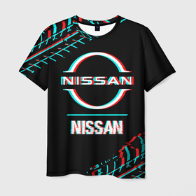 Мужская футболка 3D с принтом Значок Nissan в стиле glitch на темном фоне в городе Новоалтайск, 100% полиэфир | прямой крой, круглый вырез горловины, длина до линии бедер | 