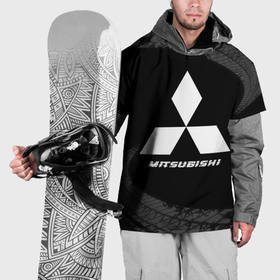 Накидка на куртку 3D с принтом Mitsubishi speed на темном фоне со следами шин в Екатеринбурге, 100% полиэстер |  | Тематика изображения на принте: 