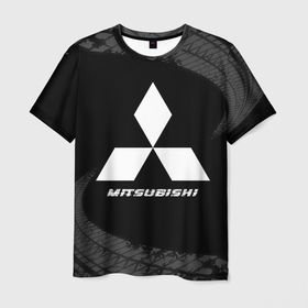 Мужская футболка 3D с принтом Mitsubishi speed на темном фоне со следами шин в Екатеринбурге, 100% полиэфир | прямой крой, круглый вырез горловины, длина до линии бедер | Тематика изображения на принте: 
