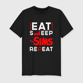 Мужская футболка хлопок Slim с принтом Надпись eat sleep The Sims repeat в Новосибирске, 92% хлопок, 8% лайкра | приталенный силуэт, круглый вырез ворота, длина до линии бедра, короткий рукав | 