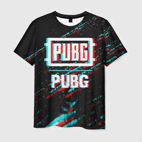 Мужская футболка 3D с принтом PUBG в стиле glitch и баги графики на темном фоне в Санкт-Петербурге, 100% полиэфир | прямой крой, круглый вырез горловины, длина до линии бедер | Тематика изображения на принте: 
