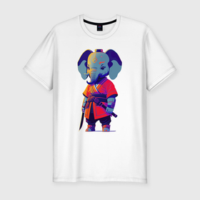 Мужская футболка хлопок Slim с принтом Слонёнок самурай   нейросеть в Курске, 92% хлопок, 8% лайкра | приталенный силуэт, круглый вырез ворота, длина до линии бедра, короткий рукав | Тематика изображения на принте: 
