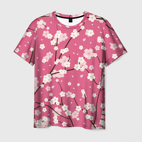 Мужская футболка 3D с принтом Pink sakura в Кировске, 100% полиэфир | прямой крой, круглый вырез горловины, длина до линии бедер | 