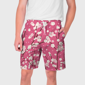 Мужские шорты 3D с принтом Pink sakura в Петрозаводске,  полиэстер 100% | прямой крой, два кармана без застежек по бокам. Мягкая трикотажная резинка на поясе, внутри которой широкие завязки. Длина чуть выше колен | Тематика изображения на принте: 
