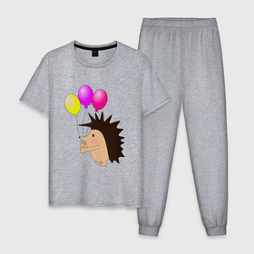 Мужская пижама хлопок с принтом Ежик с разноцветными воздушными шарами в Курске, 100% хлопок | брюки и футболка прямого кроя, без карманов, на брюках мягкая резинка на поясе и по низу штанин
 | Тематика изображения на принте: 