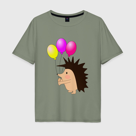 Мужская футболка хлопок Oversize с принтом Ежик с разноцветными воздушными шарами в Тюмени, 100% хлопок | свободный крой, круглый ворот, “спинка” длиннее передней части | 