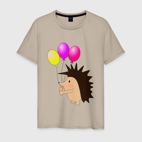 Мужская футболка хлопок с принтом Ежик с разноцветными воздушными шарами в Курске, 100% хлопок | прямой крой, круглый вырез горловины, длина до линии бедер, слегка спущенное плечо. | Тематика изображения на принте: 