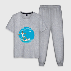 Мужская пижама хлопок с принтом Серфинг на море , 100% хлопок | брюки и футболка прямого кроя, без карманов, на брюках мягкая резинка на поясе и по низу штанин
 | 