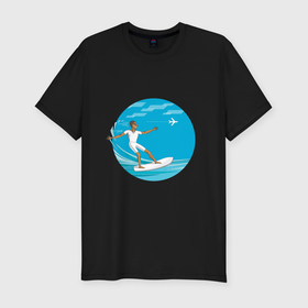Мужская футболка хлопок Slim с принтом Серфинг на море в Петрозаводске, 92% хлопок, 8% лайкра | приталенный силуэт, круглый вырез ворота, длина до линии бедра, короткий рукав | 