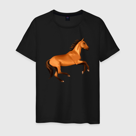 Мужская футболка хлопок с принтом Ахалтекинская лошадь в Петрозаводске, 100% хлопок | прямой крой, круглый вырез горловины, длина до линии бедер, слегка спущенное плечо. | Тематика изображения на принте: 