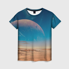 Женская футболка 3D с принтом Пустыня и очертания планеты в Санкт-Петербурге, 100% полиэфир ( синтетическое хлопкоподобное полотно) | прямой крой, круглый вырез горловины, длина до линии бедер | 