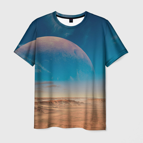 Мужская футболка 3D с принтом Пустыня и очертания планеты в Петрозаводске, 100% полиэфир | прямой крой, круглый вырез горловины, длина до линии бедер | 