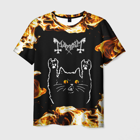Мужская футболка 3D с принтом Mayhem рок кот и огонь в Новосибирске, 100% полиэфир | прямой крой, круглый вырез горловины, длина до линии бедер | 