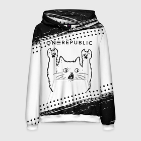 Мужская толстовка 3D с принтом OneRepublic рок кот на светлом фоне в Екатеринбурге, 100% полиэстер | двухслойный капюшон со шнурком для регулировки, мягкие манжеты на рукавах и по низу толстовки, спереди карман-кенгуру с мягким внутренним слоем. | 