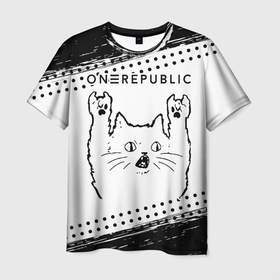 Мужская футболка 3D с принтом OneRepublic рок кот на светлом фоне , 100% полиэфир | прямой крой, круглый вырез горловины, длина до линии бедер | 