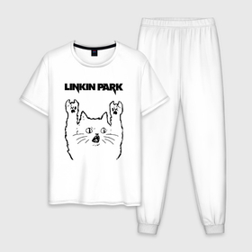 Мужская пижама хлопок с принтом Linkin Park   rock cat в Курске, 100% хлопок | брюки и футболка прямого кроя, без карманов, на брюках мягкая резинка на поясе и по низу штанин
 | Тематика изображения на принте: 