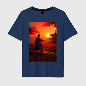 Мужская футболка хлопок Oversize с принтом Самурай с катаной и закат в Петрозаводске, 100% хлопок | свободный крой, круглый ворот, “спинка” длиннее передней части | 
