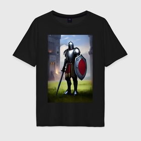 Мужская футболка хлопок Oversize с принтом Пеший рыцарь в доспехах в Кировске, 100% хлопок | свободный крой, круглый ворот, “спинка” длиннее передней части | 