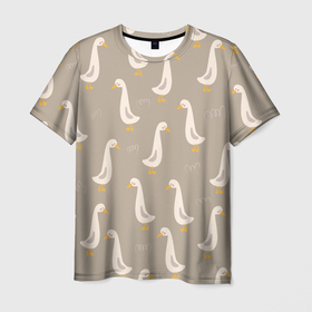 Мужская футболка 3D с принтом Утки на травке   бежевый в Тюмени, 100% полиэфир | прямой крой, круглый вырез горловины, длина до линии бедер | 