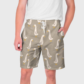 Мужские шорты 3D с принтом Утки на травке   бежевый в Тюмени,  полиэстер 100% | прямой крой, два кармана без застежек по бокам. Мягкая трикотажная резинка на поясе, внутри которой широкие завязки. Длина чуть выше колен | 