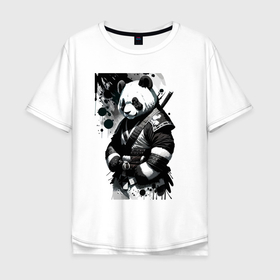 Мужская футболка хлопок Oversize с принтом Panda samurai   sketch в Кировске, 100% хлопок | свободный крой, круглый ворот, “спинка” длиннее передней части | 