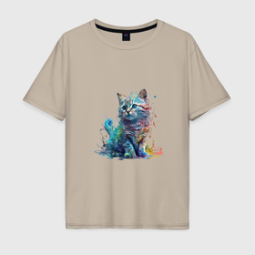 Мужская футболка хлопок Oversize с принтом Акварельный котенок в Екатеринбурге, 100% хлопок | свободный крой, круглый ворот, “спинка” длиннее передней части | 