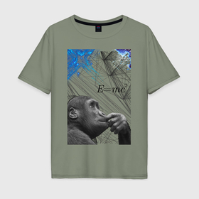 Мужская футболка хлопок Oversize с принтом мыслитель по Дарвину в Петрозаводске, 100% хлопок | свободный крой, круглый ворот, “спинка” длиннее передней части | 