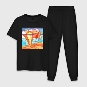 Мужская пижама хлопок с принтом Море, зонтик и восход , 100% хлопок | брюки и футболка прямого кроя, без карманов, на брюках мягкая резинка на поясе и по низу штанин
 | 