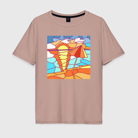 Мужская футболка хлопок Oversize с принтом Море, зонтик и восход , 100% хлопок | свободный крой, круглый ворот, “спинка” длиннее передней части | 