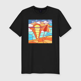 Мужская футболка хлопок Slim с принтом Море, зонтик и восход , 92% хлопок, 8% лайкра | приталенный силуэт, круглый вырез ворота, длина до линии бедра, короткий рукав | 